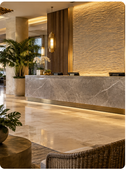 Upscale hotel front desk with warm lighting and guest-area finishes