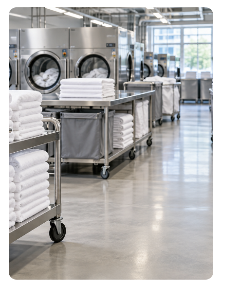 Commercial laundry room with linen carts and industrial machines