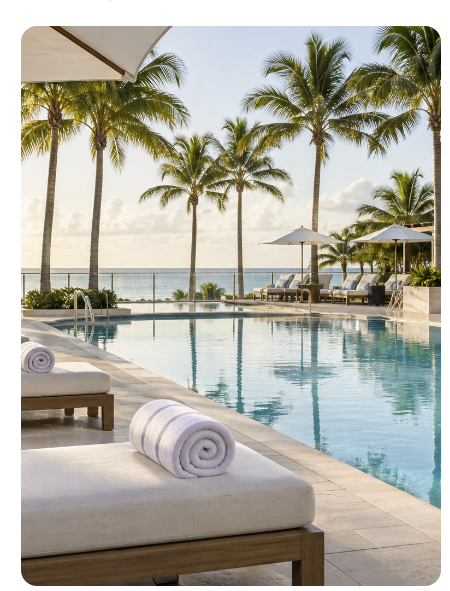 Resort pool with lounge chairs, palm trees and ocean views