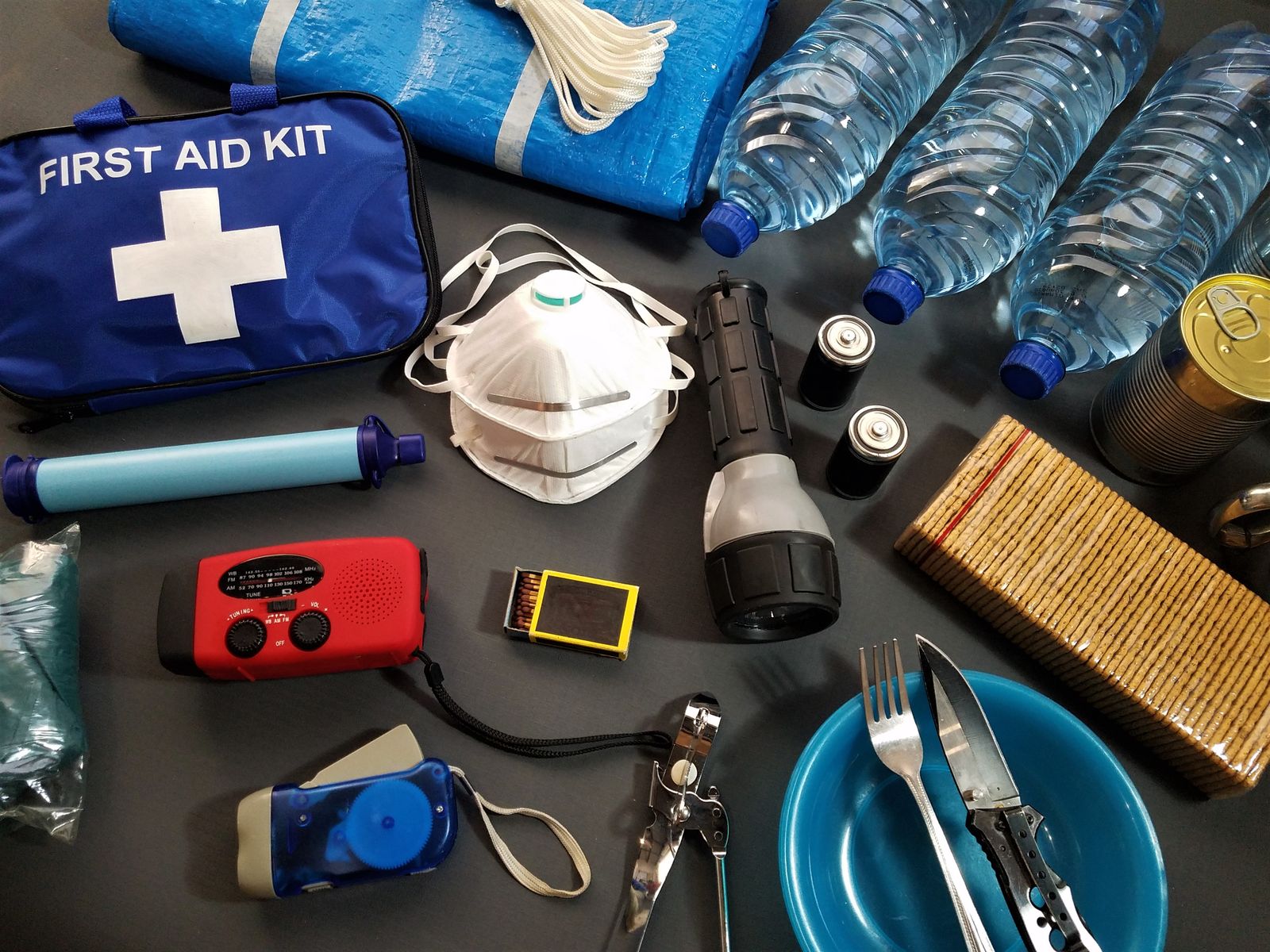 Emergency preparedness supplies arranged together
